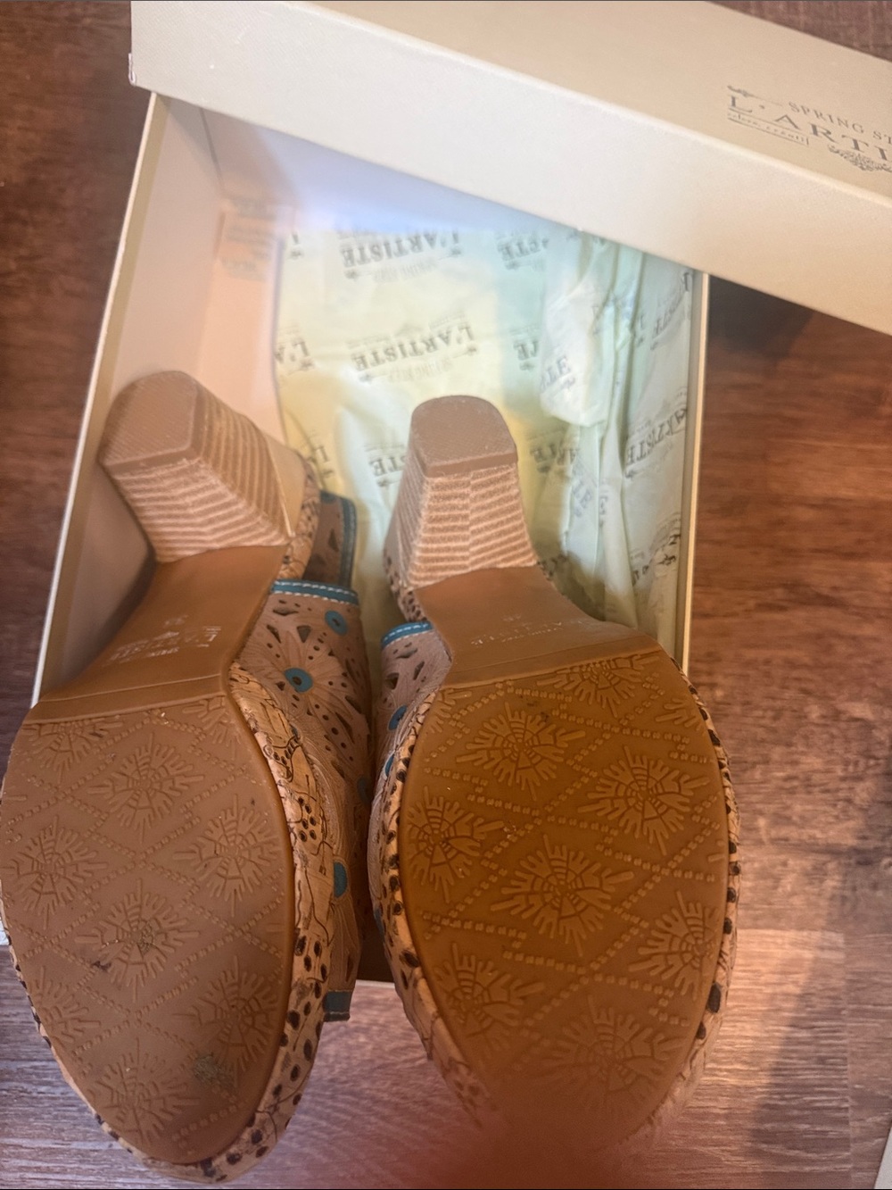 L'ATISTE Beige Wedge Heels with Turquoise Accent